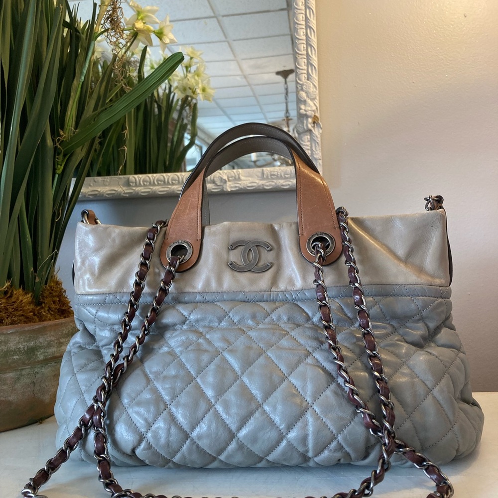 CHANEL Gray and Tan Quilted Shoulder Bag